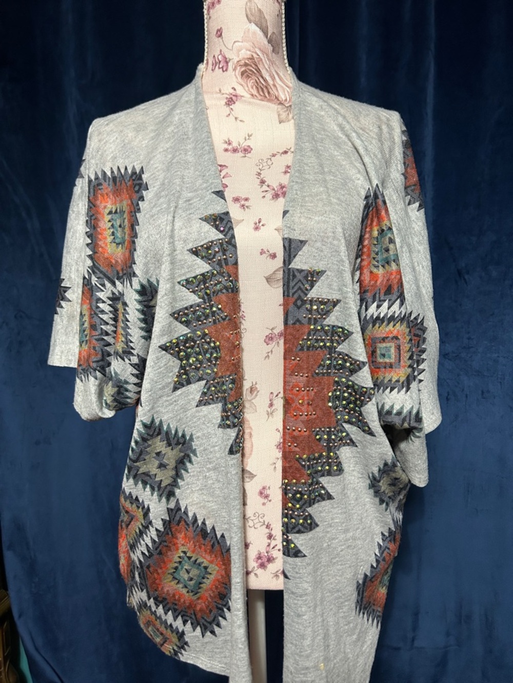 Vocal Grey Open-Front Cardigan with Aztec Accents